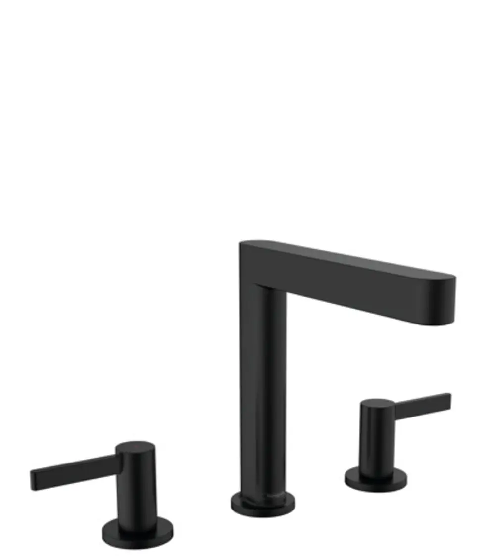 Schwarze Hansgrohe Waschtischarmatur mit drei Löchern, bestehend aus einem hohen Wasserhahn und zwei Bedienelementen, in mattem Finish.